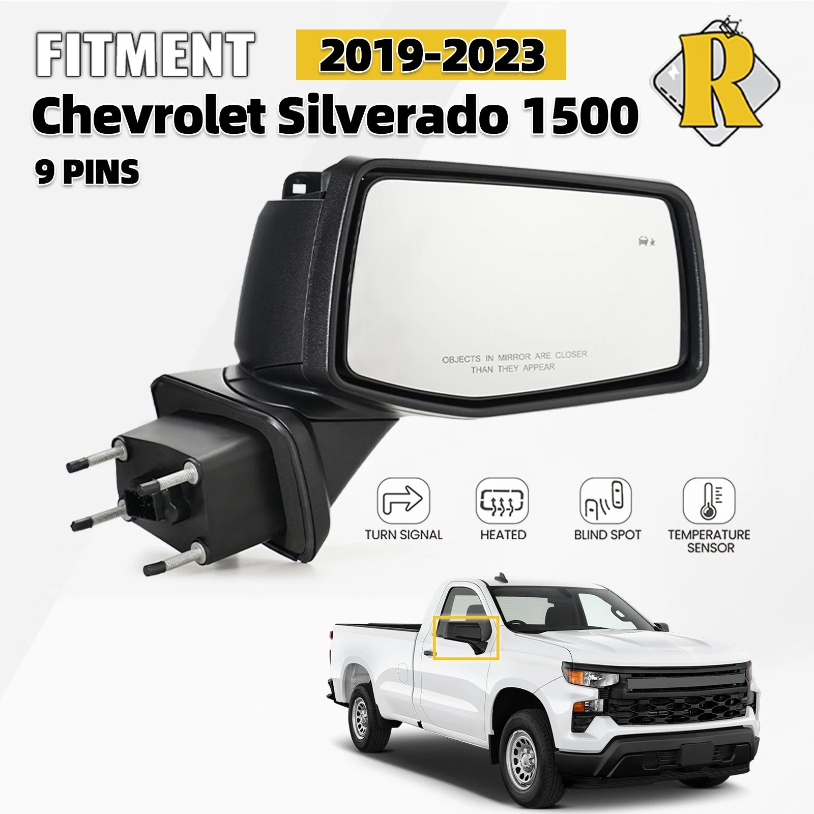 Side Mirror for Chevy Silverado 1500 (2019–2024) W/Heated, Blind Spot, Right 9 Pin