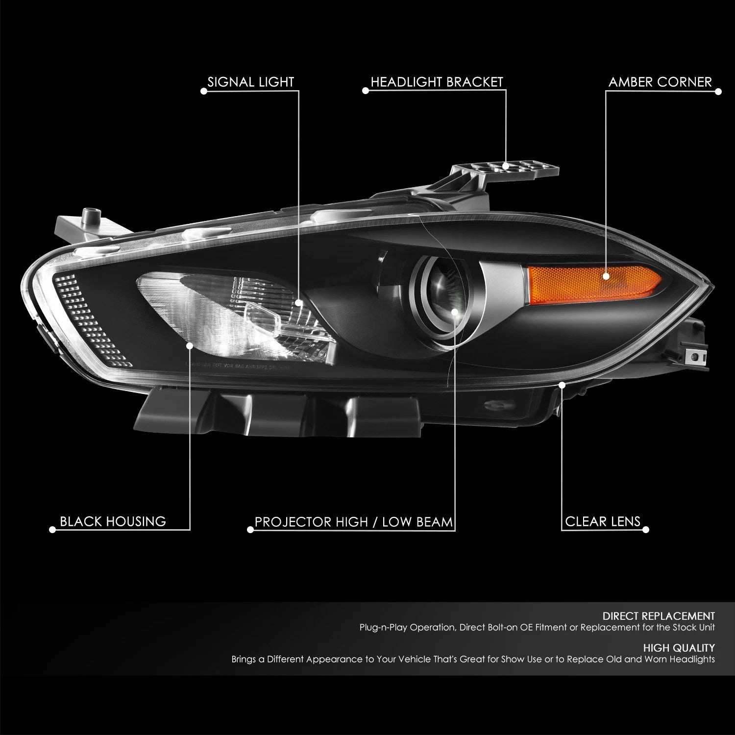Driver Left Black Housing Amber Corner Headlight for Dodge Dart (2013–2016)