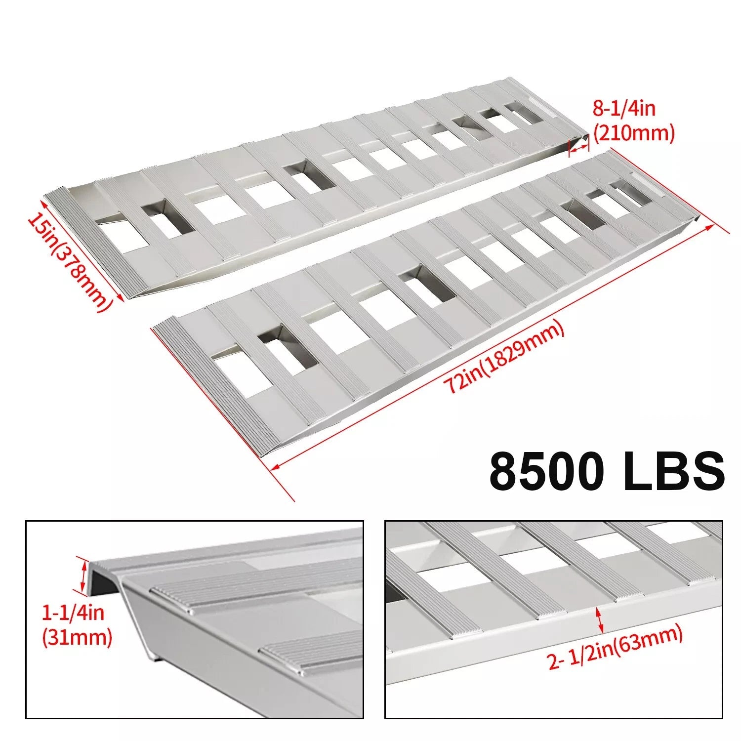 Set of 2 Aluminum Trailer Ramps for Car Truck (8500 lbs, 72''x15'')