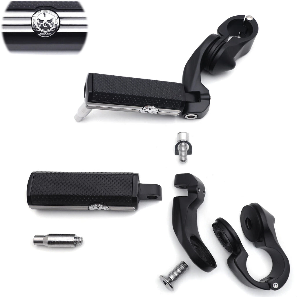 1-1/4" Chrome Black Short Angled Gear Skull Foot Pegs for Motorcycle