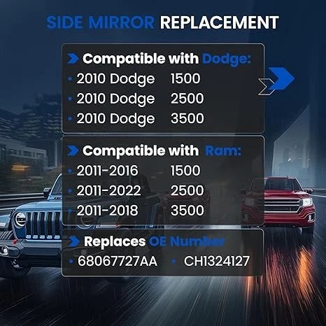 Heated Towing Mirror Glass for Ram 1500 2500 3500 (2010-2023)