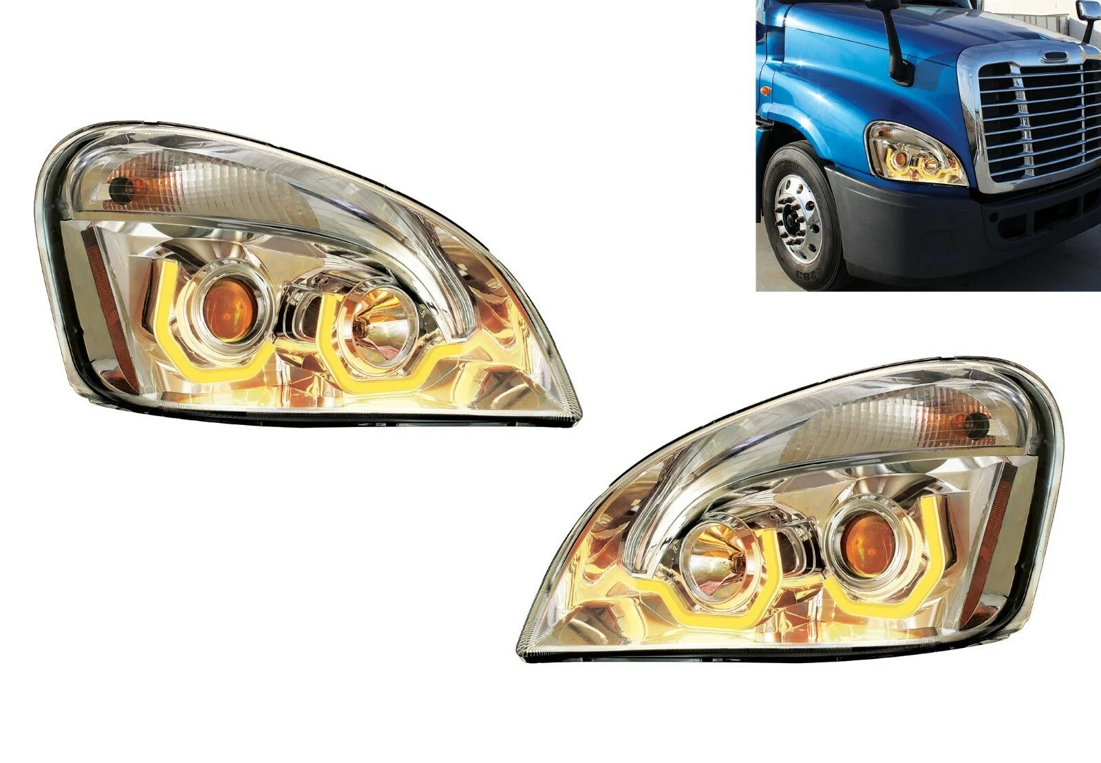 Chrome Projection Headlights with Amber LED for Freightliner Cascadia (2018–2023)