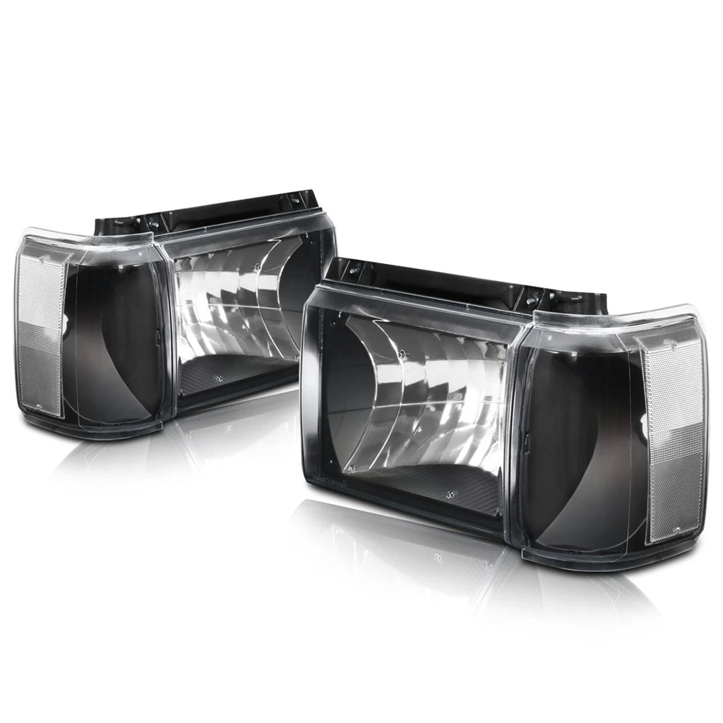 Set of 2 Black Housing Headlights with Clear Corner Lamp for Ford F150/F250/F350/Bronco (1987–1991)