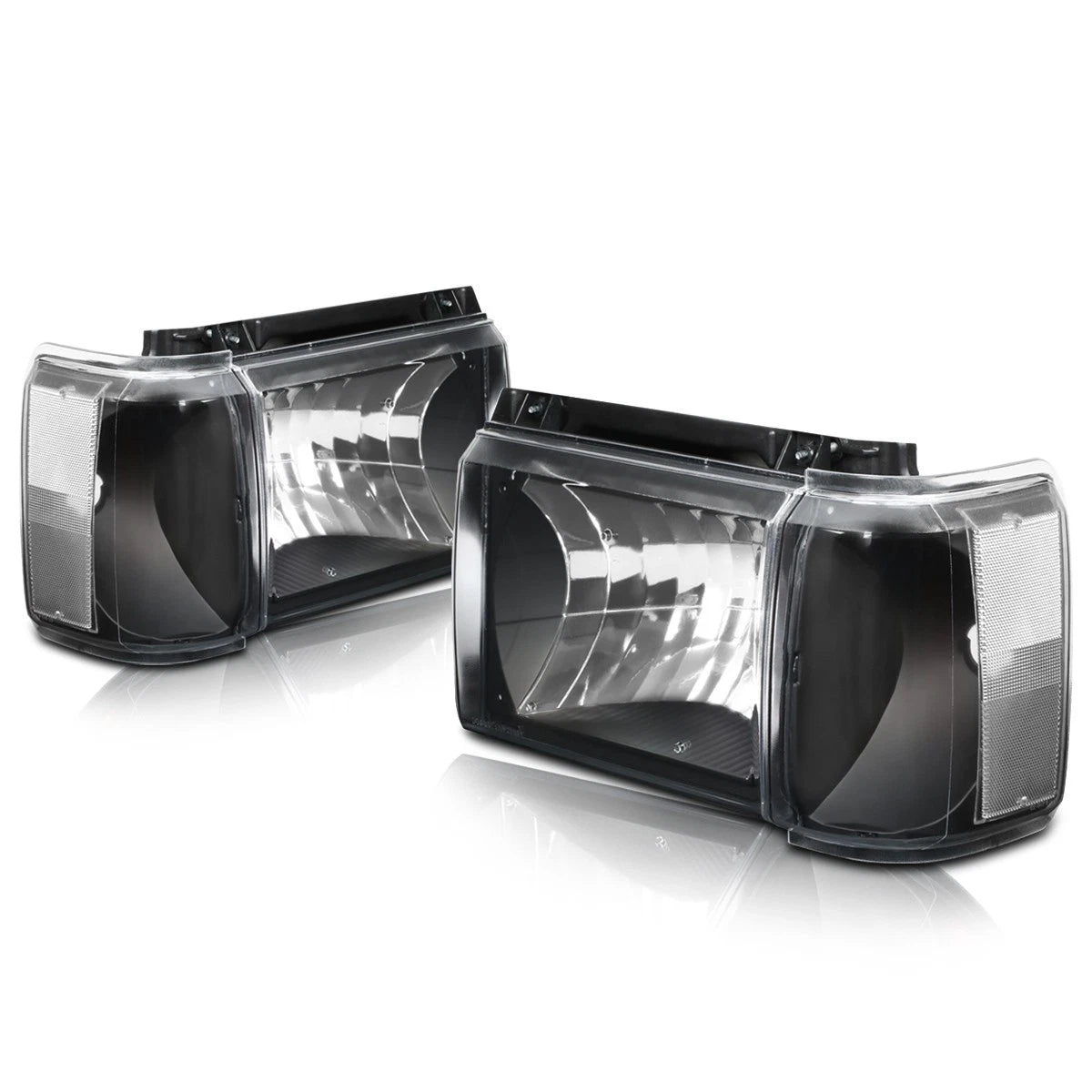 Set of 2 Black Housing Headlights with Clear Corner Lamp for Ford F150/F250/F350/Bronco (1987–1991)