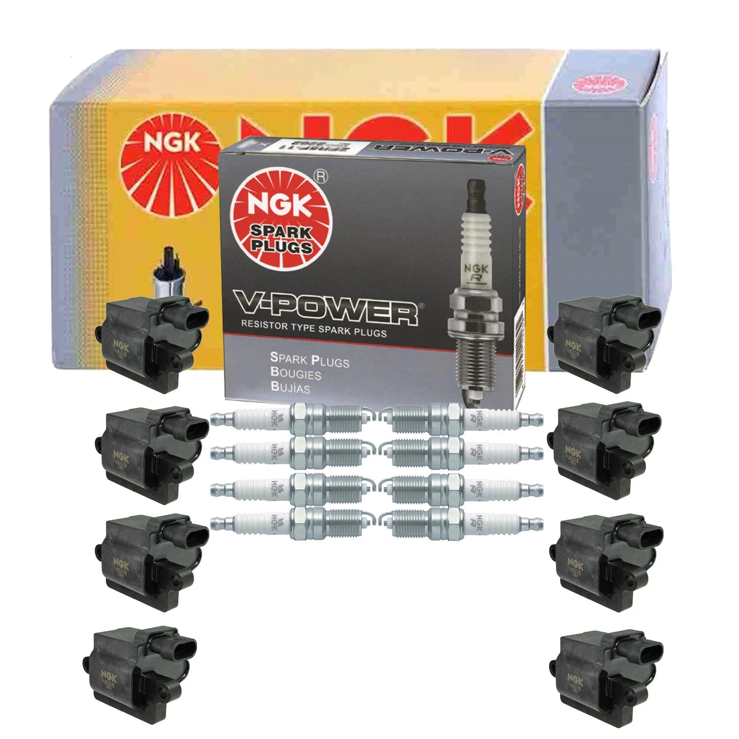 Set of 8 Ignition Coils & V-Power Spark Plugs for Buick Chevy GMC 8.1L