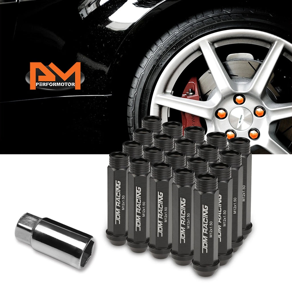 20Pc M12X1.5 Black JDM Open End Conical Wheel Lug Nuts + Extension 25mm