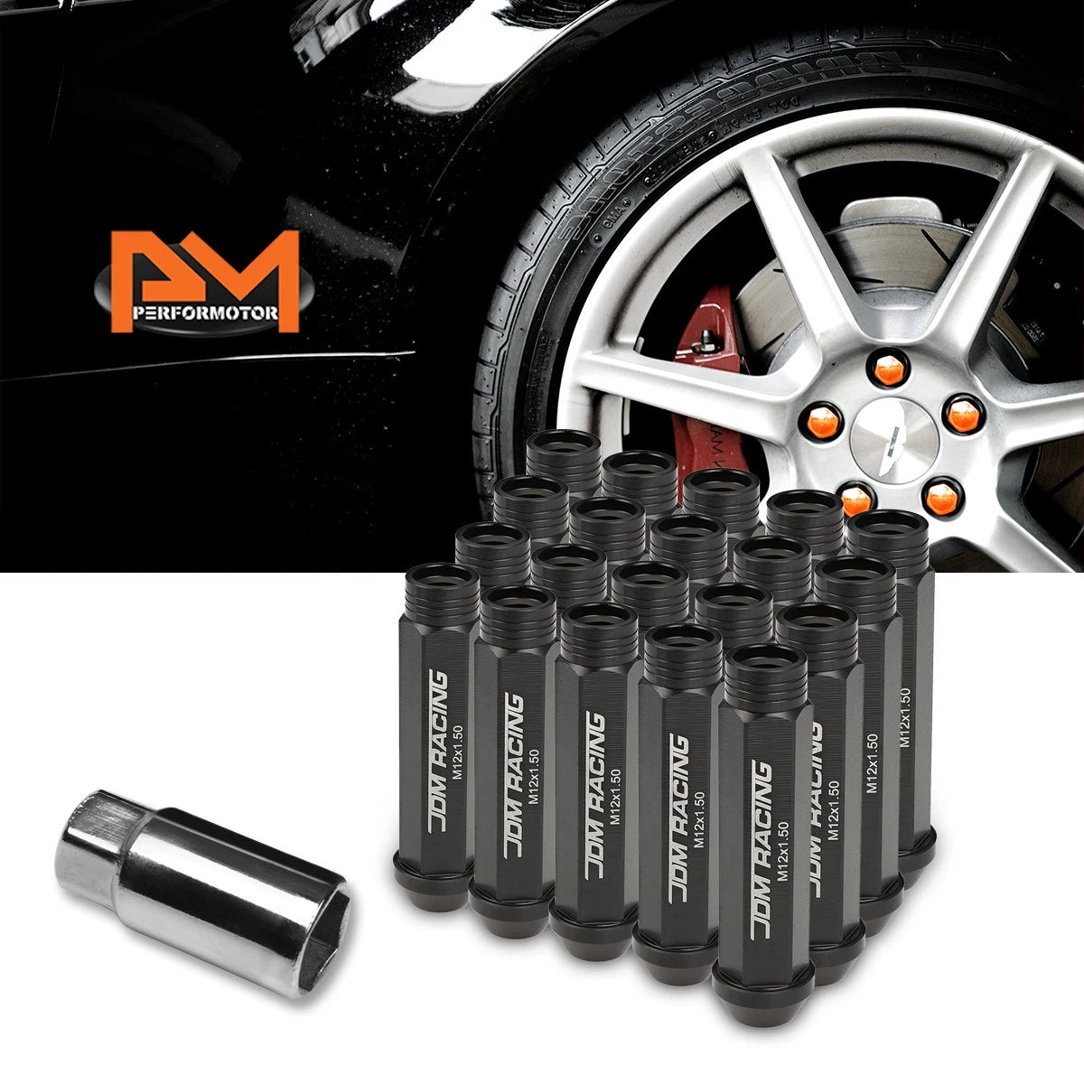 20Pc M12X1.5 Black JDM Open End Conical Wheel Lug Nuts + Extension 25mm