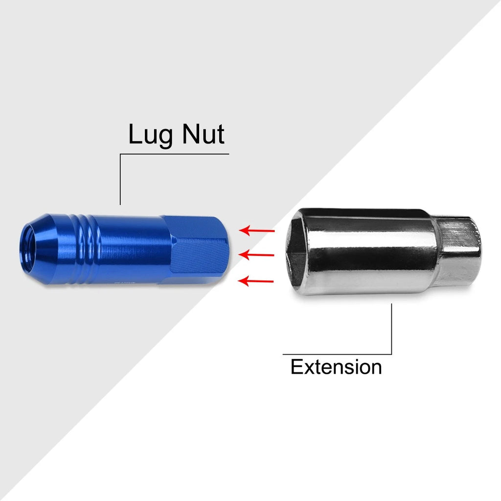 Set of 20 M12X1.5 Blue JDM Open End Conical Wheel Lug Nuts + 20mm Extension