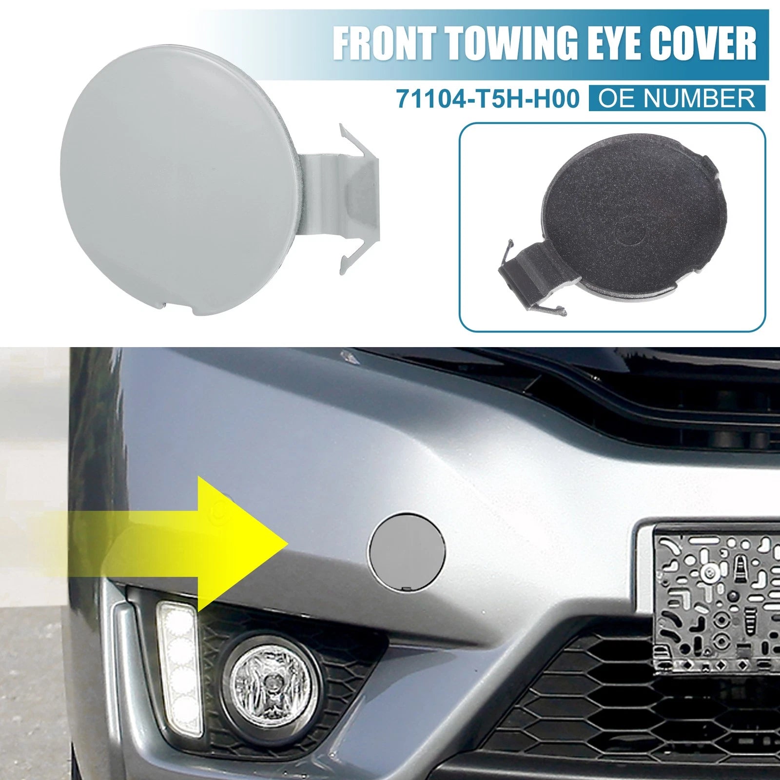 Front Bumper Tow Hook Cover 71104-T5H-H00 for Honda Fit Jazz (2014–2017) Silver Tone