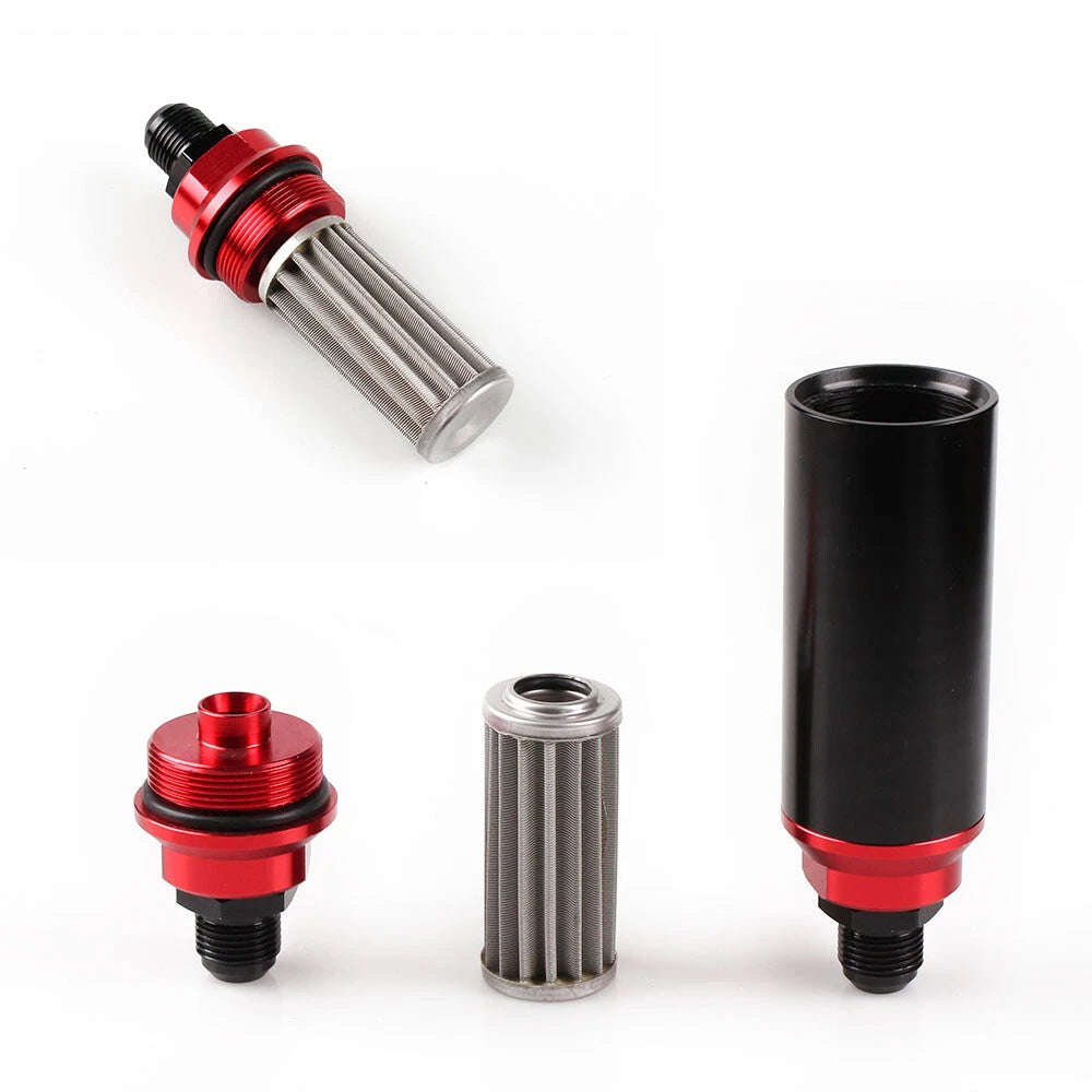 Inline Fuel Filter 44mm 100 Micron High Flow Turbo 6AN 8AN 10AN Adapter