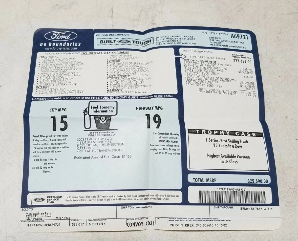 Original Dealer Window Sticker for Ford F150 (2003)