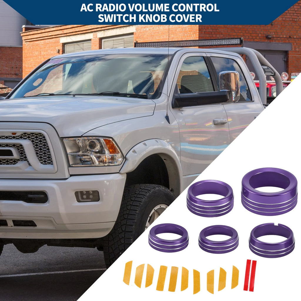 Set of 5 AC gear shift headlight media knob covers for Dodge RAM (2013–2017) Purple