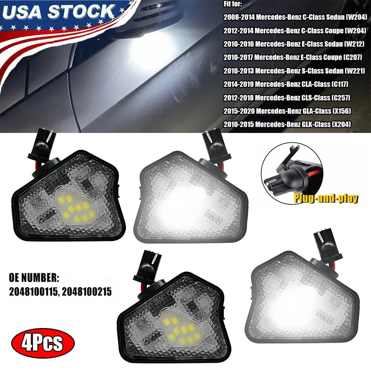 4X White LED Side Mirror Puddle Light for Mercedes Benz W204 W212 C117 X156 X204