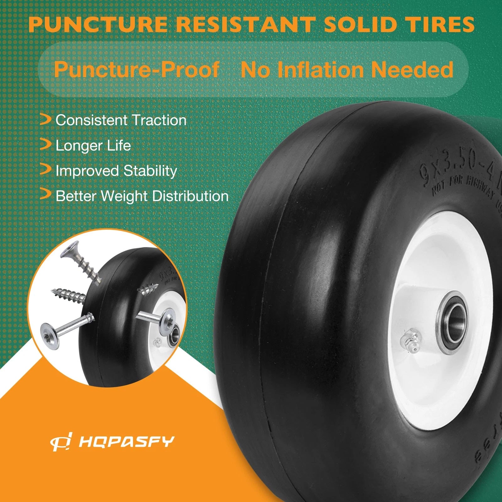 Set of 2 Flat Free Tires for Zero-Turn Lawn Mower (9x3.50-4)