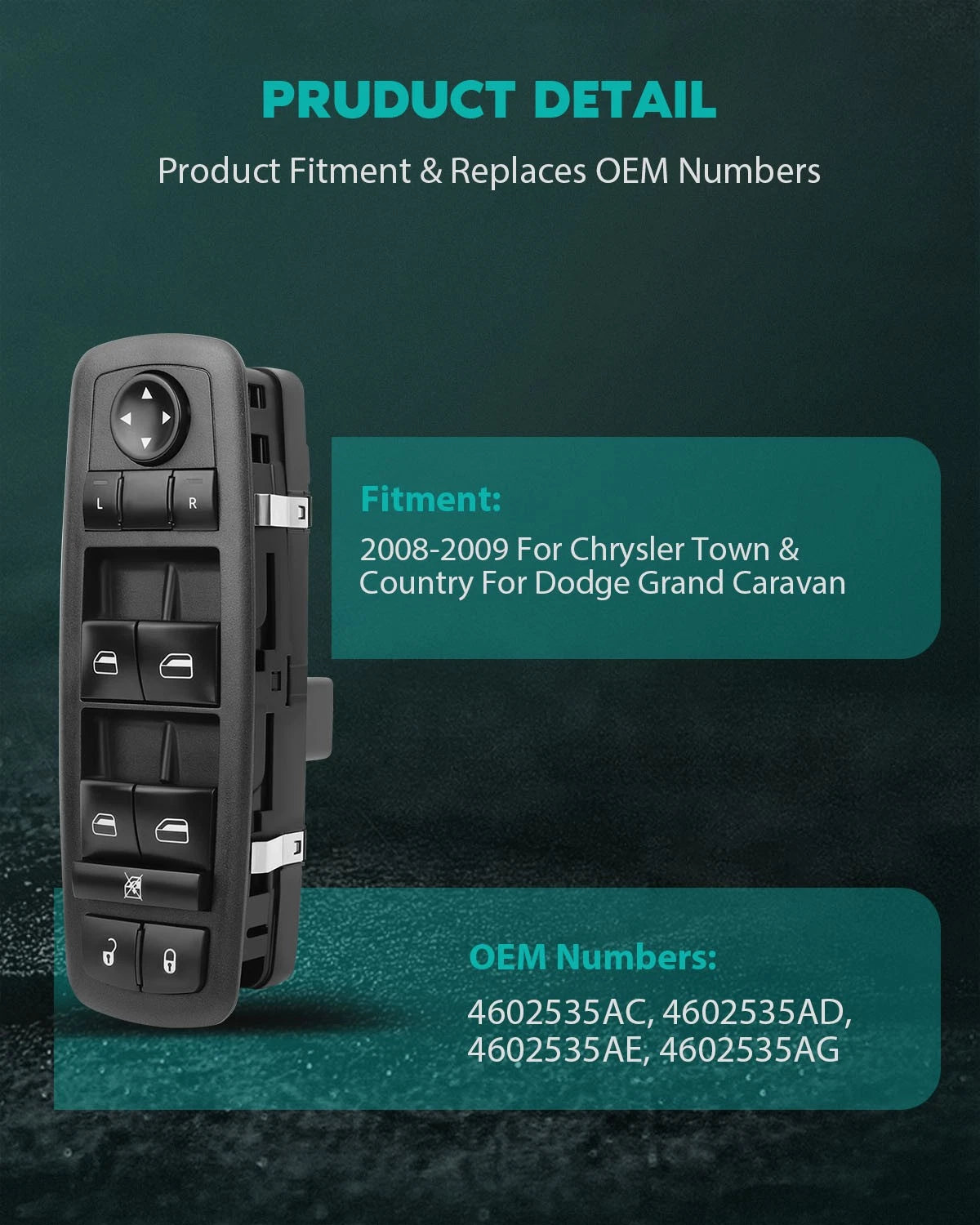 Window Switch for Dodge Grand Caravan (2008–2009) w/o Auto w/ Power Sliding Door