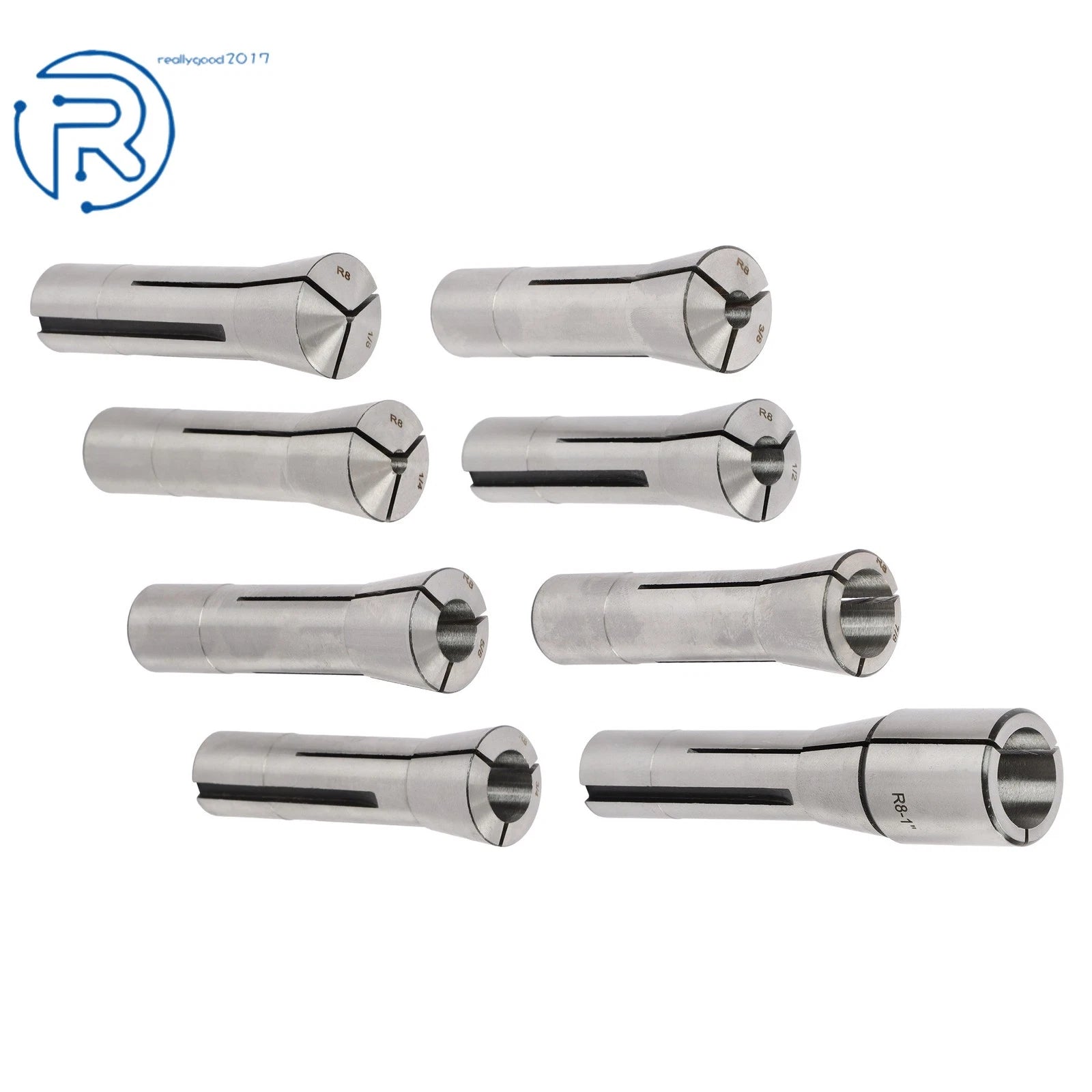 8 Pcs R8 Collet Set for R8 Machines (Fractional 1/8" to 1")