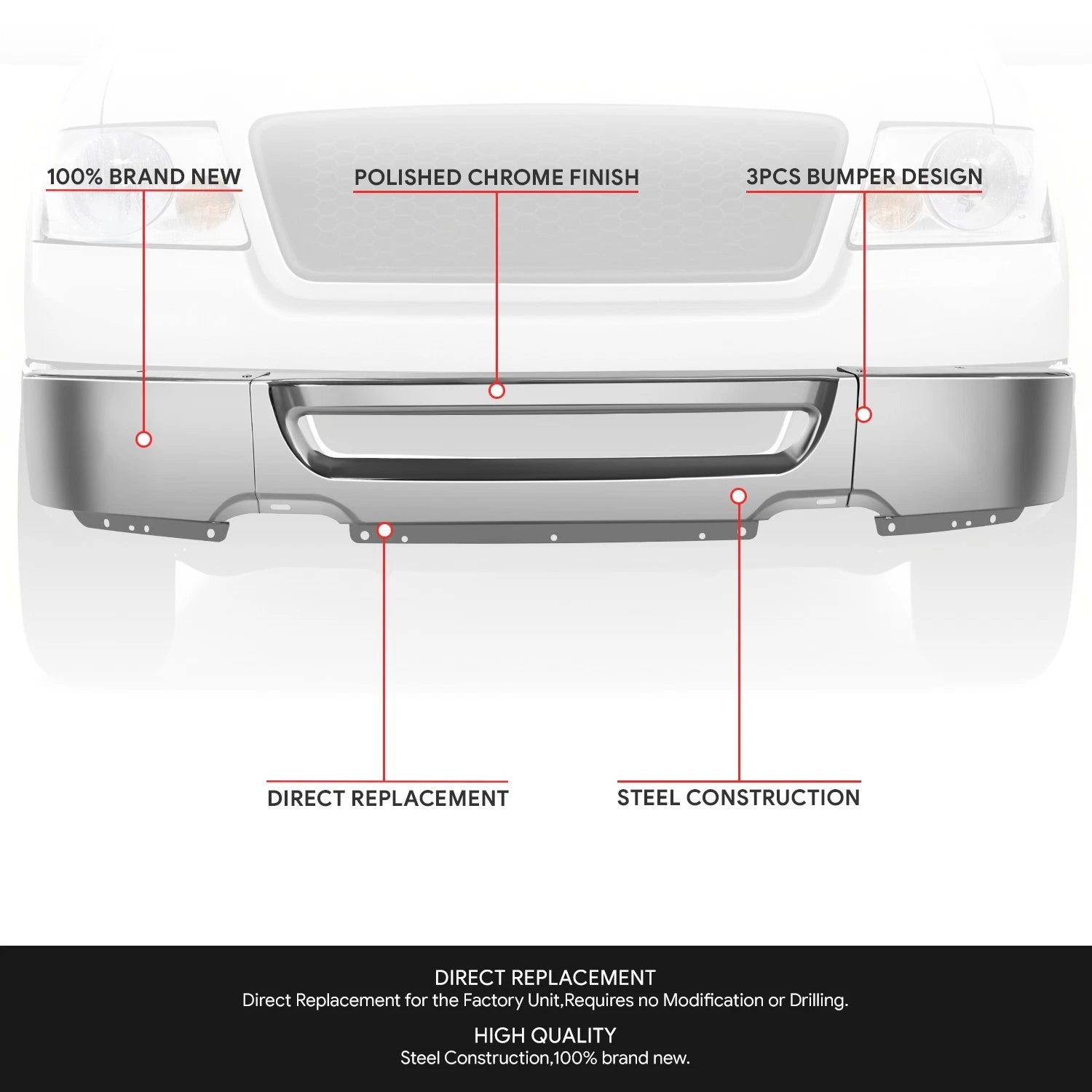Polished Chrome Front Bumper Face Bar for Ford F-150 (2006–2008)