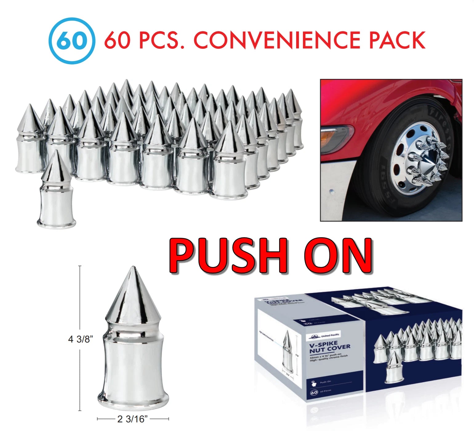 Chrome V-Spike Lug Nut Covers Push On 4-3/8in Tall 60 Pack for Universal (—)