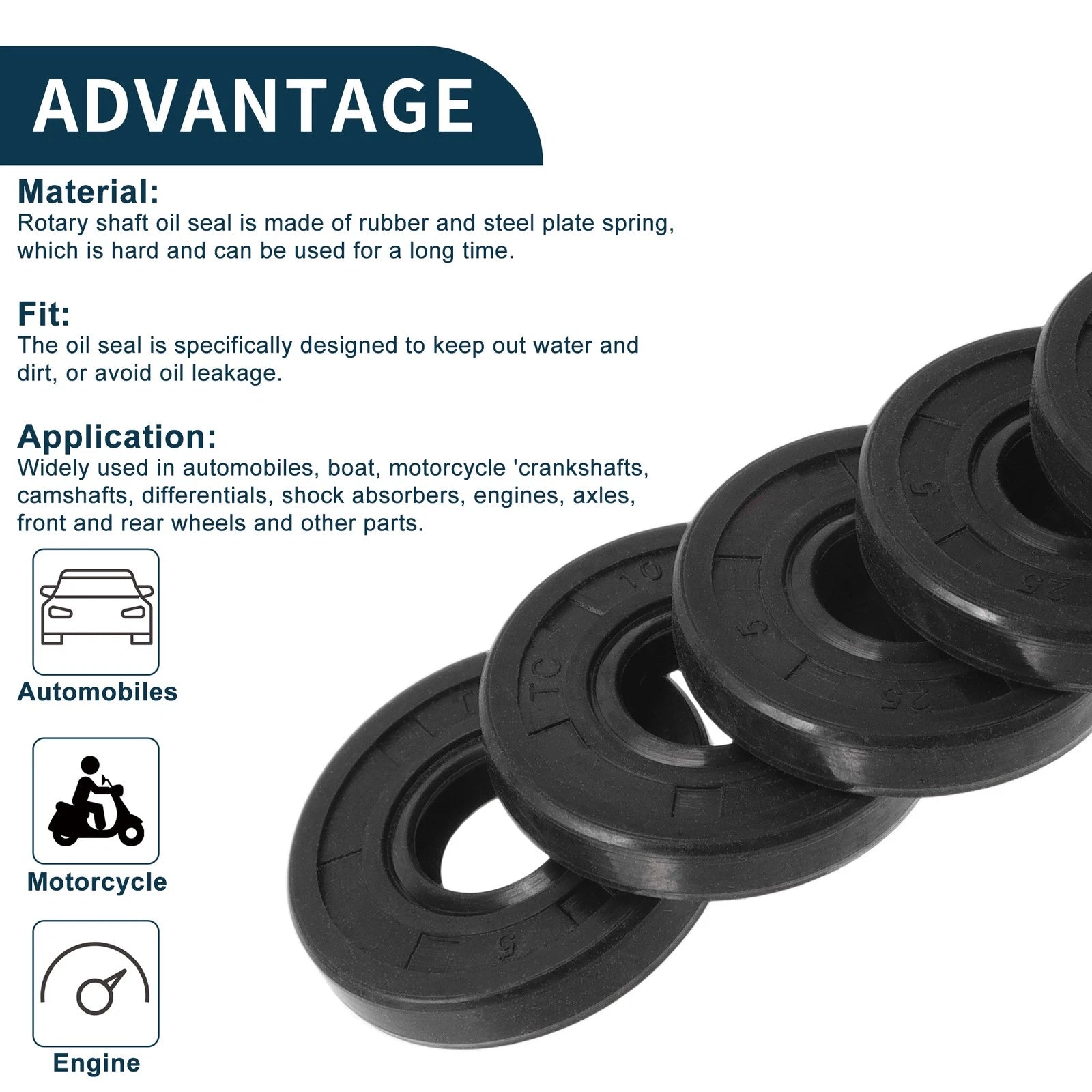 Set of 5 Oil Seal Rotary Shaft Seal NBR Rubber 10x25x5mm