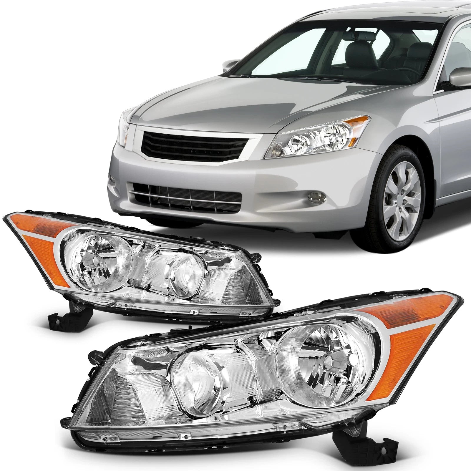 Headlight Pair for Honda Accord 4-Door Sedan (2008–2012) Chrome Housing