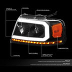 Set of 2 Black/Amber LED DRL Sequential Signal Projector Headlights for Ford F150 (2004–2008)