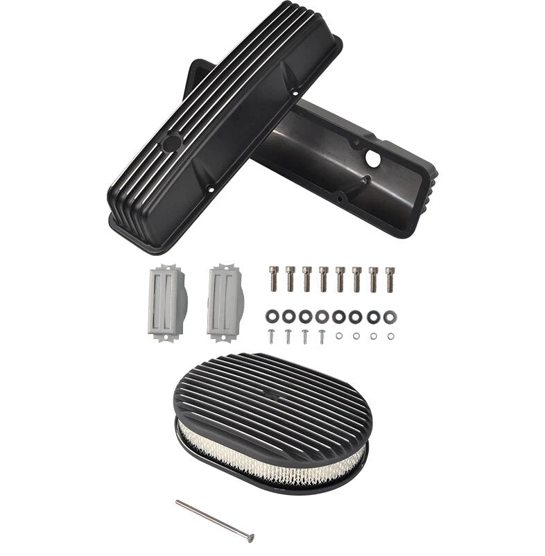 Tall Finned Valve Covers & 12" Oval Air Cleaner Kit for SBC Chevy (1958–1986)