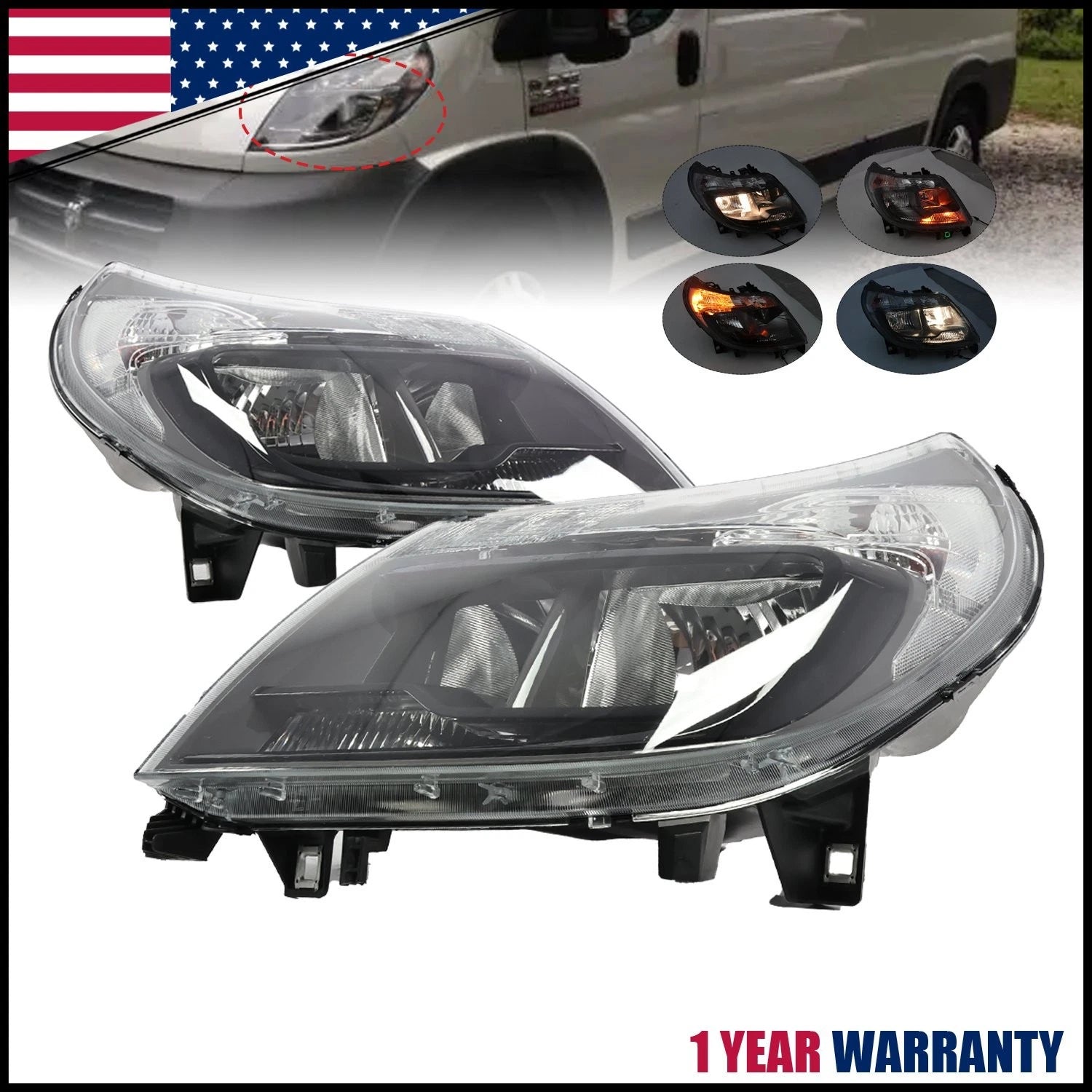 Pair Halogen Headlights for Dodge Ram Promaster 1500 2500 3500 (2014–2022)