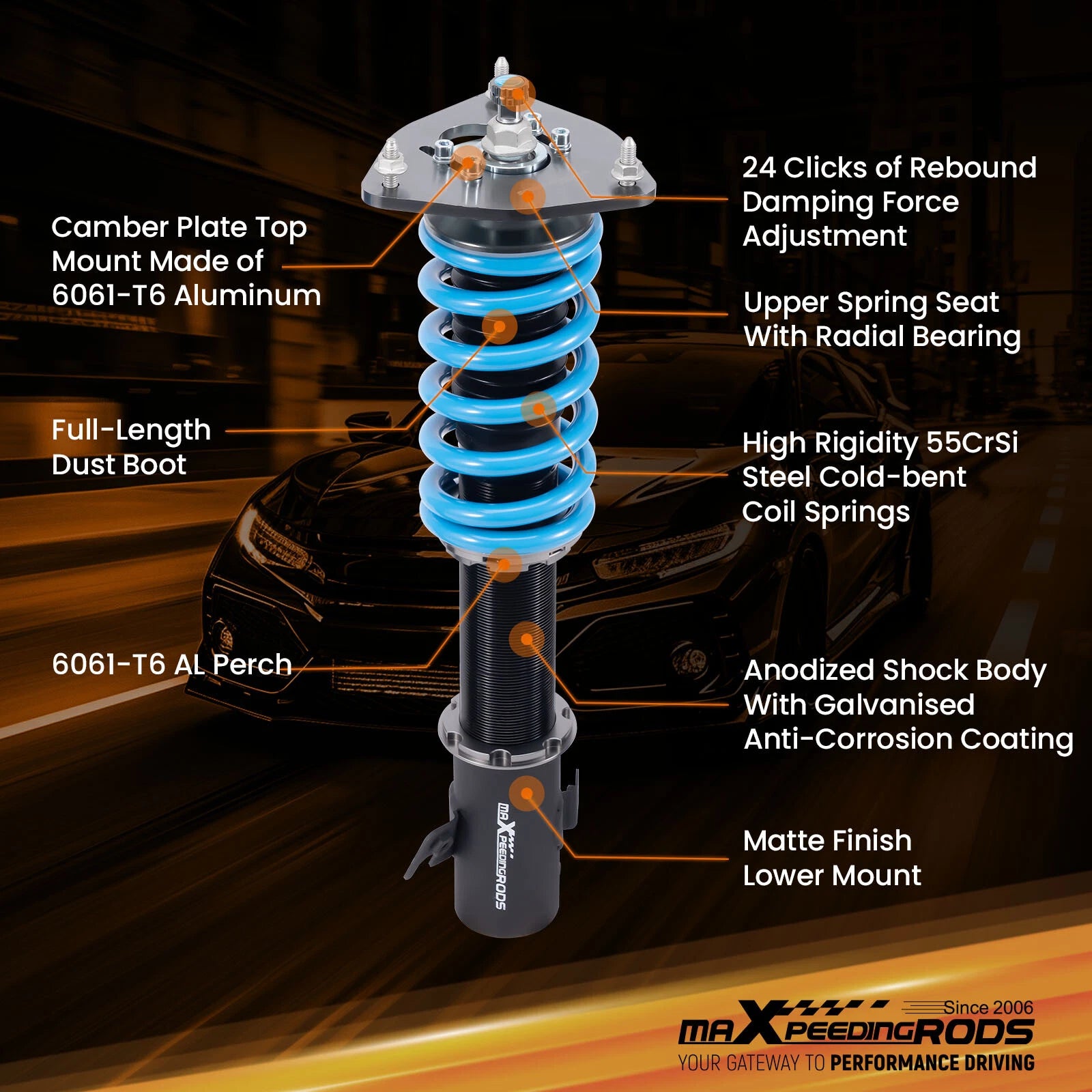 24 Way Adjustable Coilovers Shocks Kit for Subaru Impreza WRX STI (2005–2007)