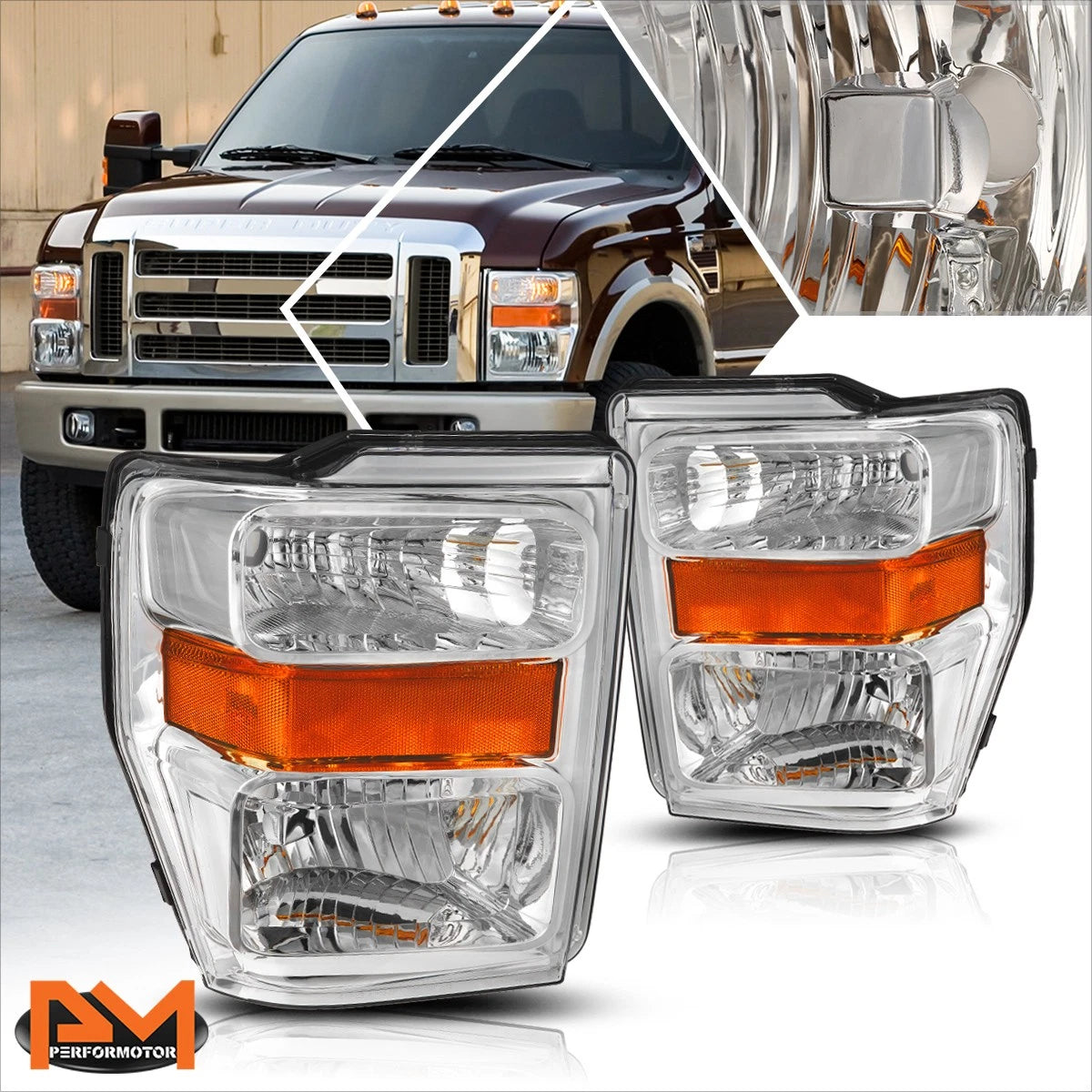 Chrome Housing Headlight Amber Corner Lamps for Ford F250/F350 (2008–2010)