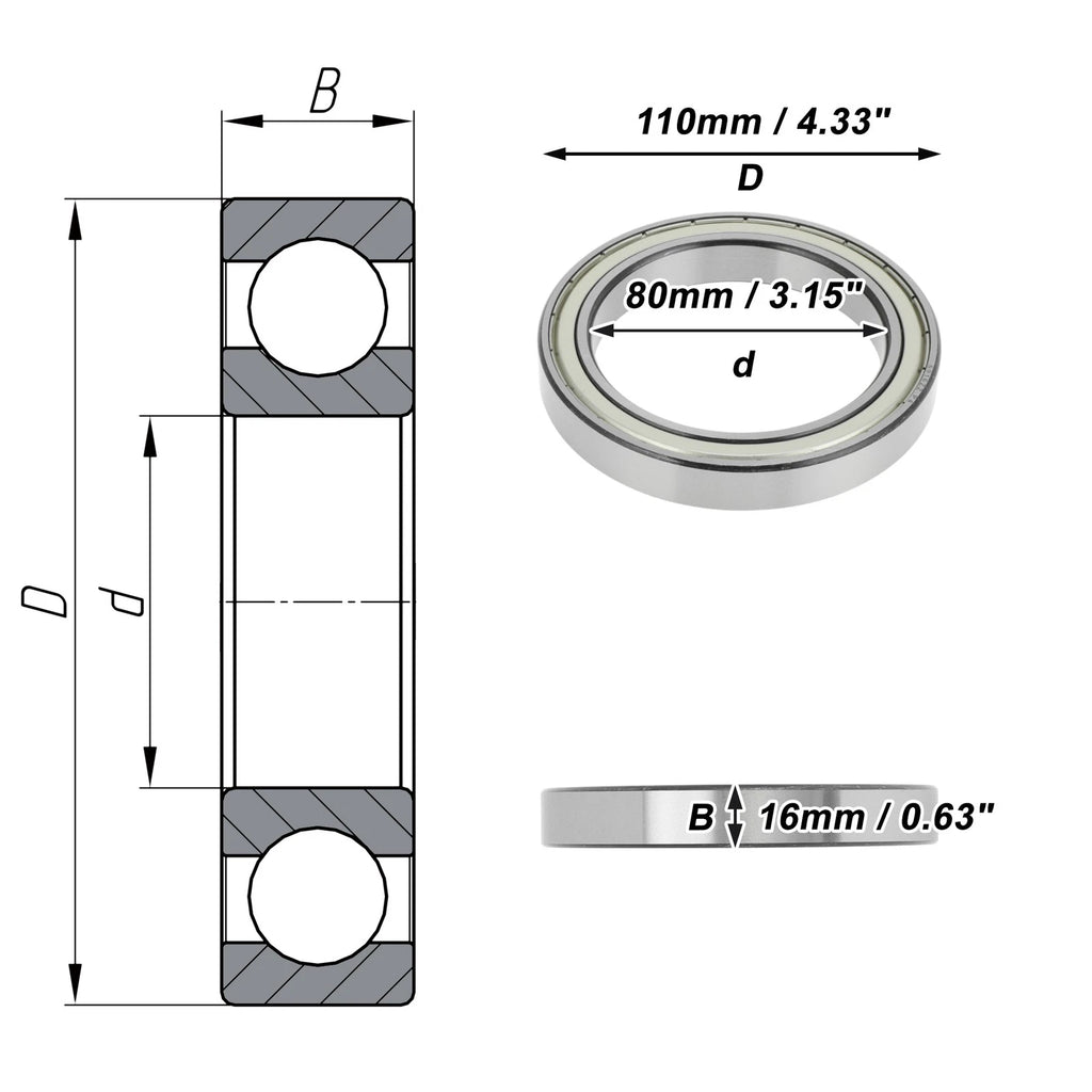 Deep Groove Ball Bearings 6916ZZ for Scooter Skateboard Wheel (80x110x16mm)