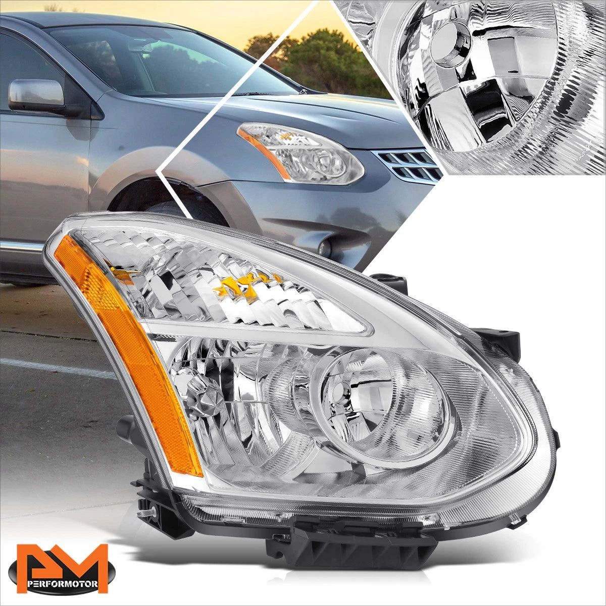 Right Side Headlight for Nissan Rogue (2009–2010) Chrome Amber Corner