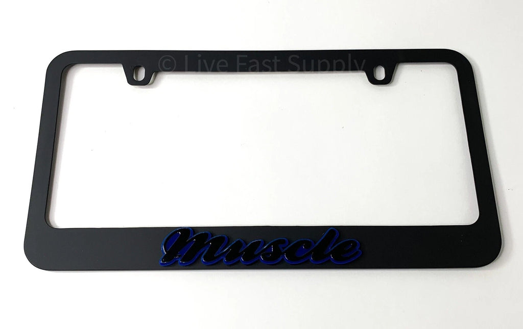 Matte Black License Plate Frame Premium with Blue Outline for Muscle Car (Universal)