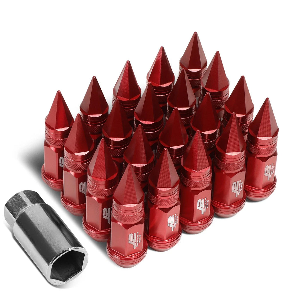 Set of 20 J2 7075 Forged Aluminum M12x1.25 Spiked Cap Lug Nuts w/Adapter Red