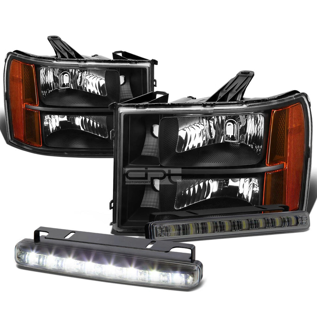 Black Amber Corner Headlight, Bumper & Smoked LED Fog Light Kit for GMC Sierra (2007–2014)