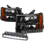 Black Amber Corner Headlight, Bumper & Smoked LED Fog Light Kit for GMC Sierra (2007–2014)