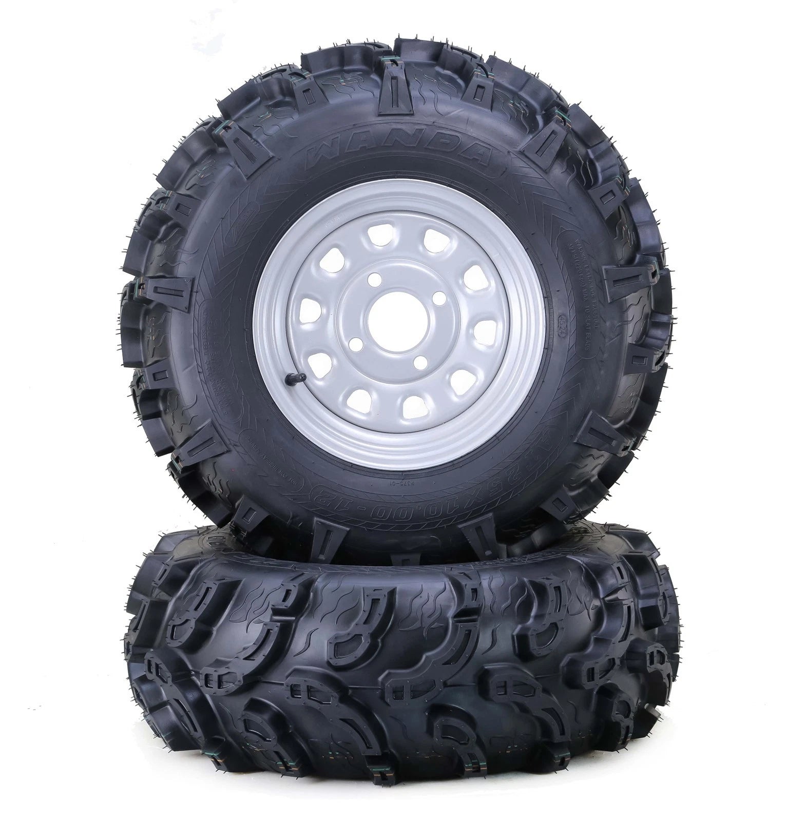 Set of 2 WANDA ATV Tires & Wheels 27x12-12 Super Mud 4-110 PCD 5+2 Silver