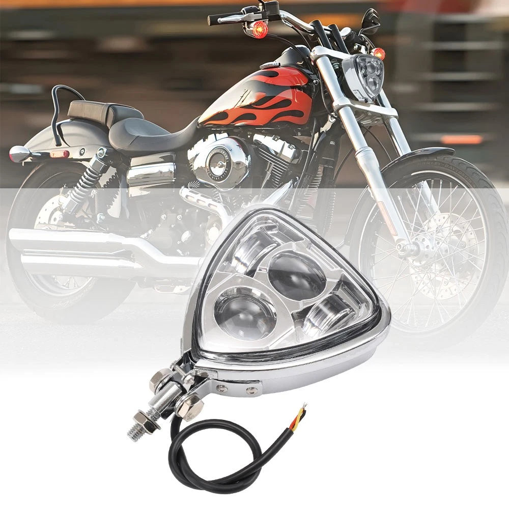 Chrome Triangle LED Headlight for Universal Motorcycle (10mm Mount)