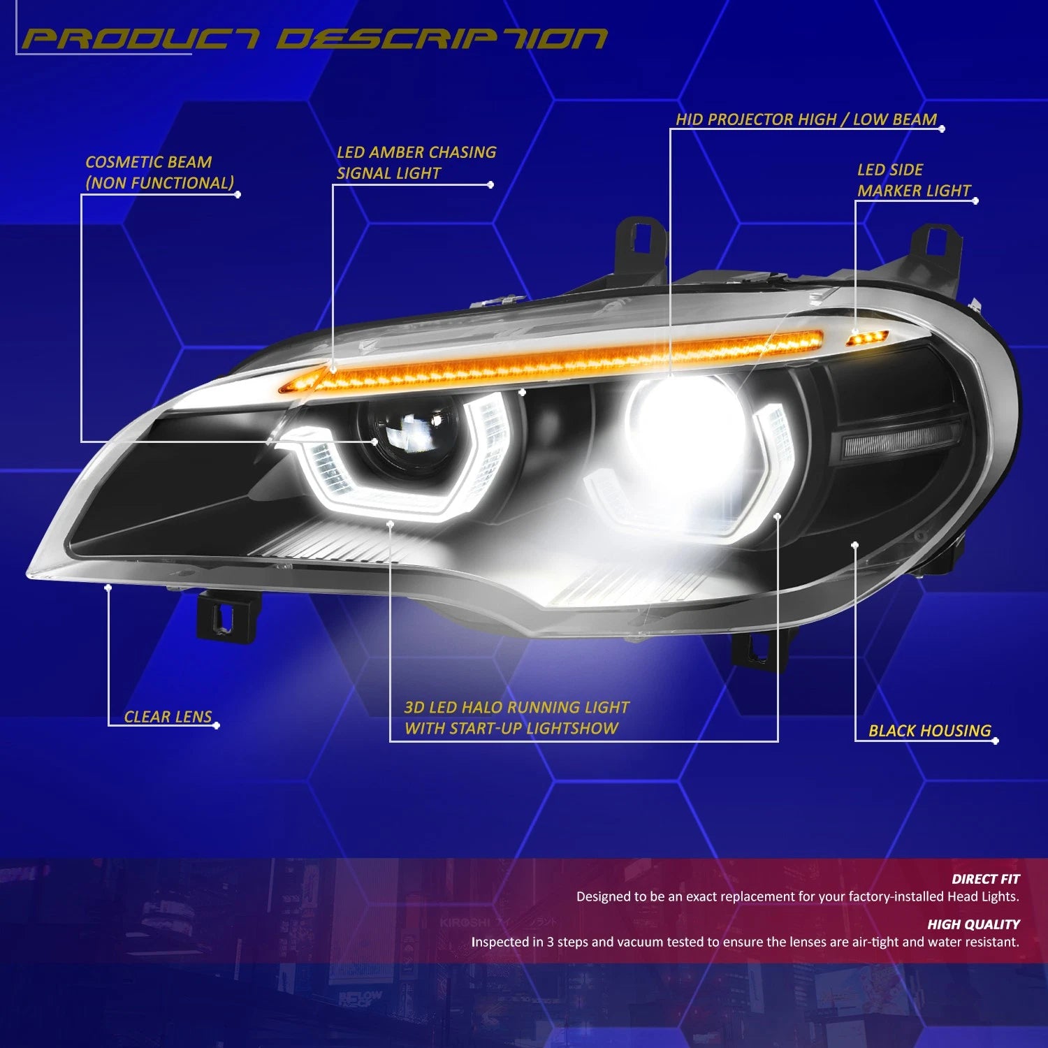 LED Projector Sequential Headlights for BMW X5 (2011–2013) - Black Housing Clear Lens