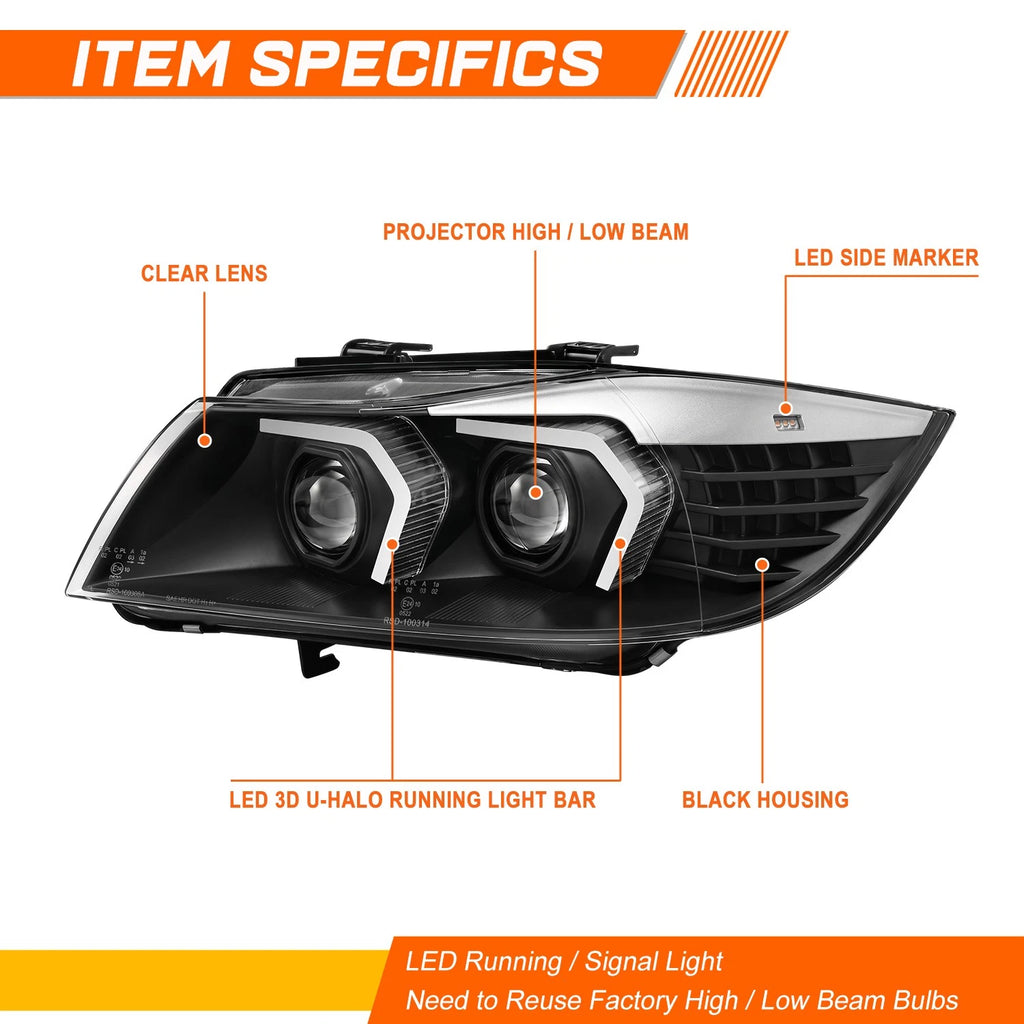 Black LED Projector Headlights for BMW 323i 325i 330i 335i XI (2005–2008)