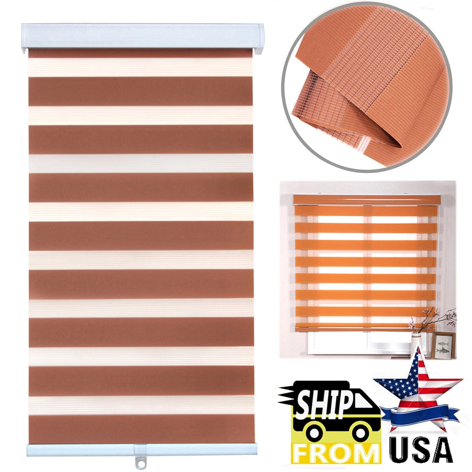 Zebra Roller Blinds for 60" Windows (Cordless, Dual Layer, Brown)