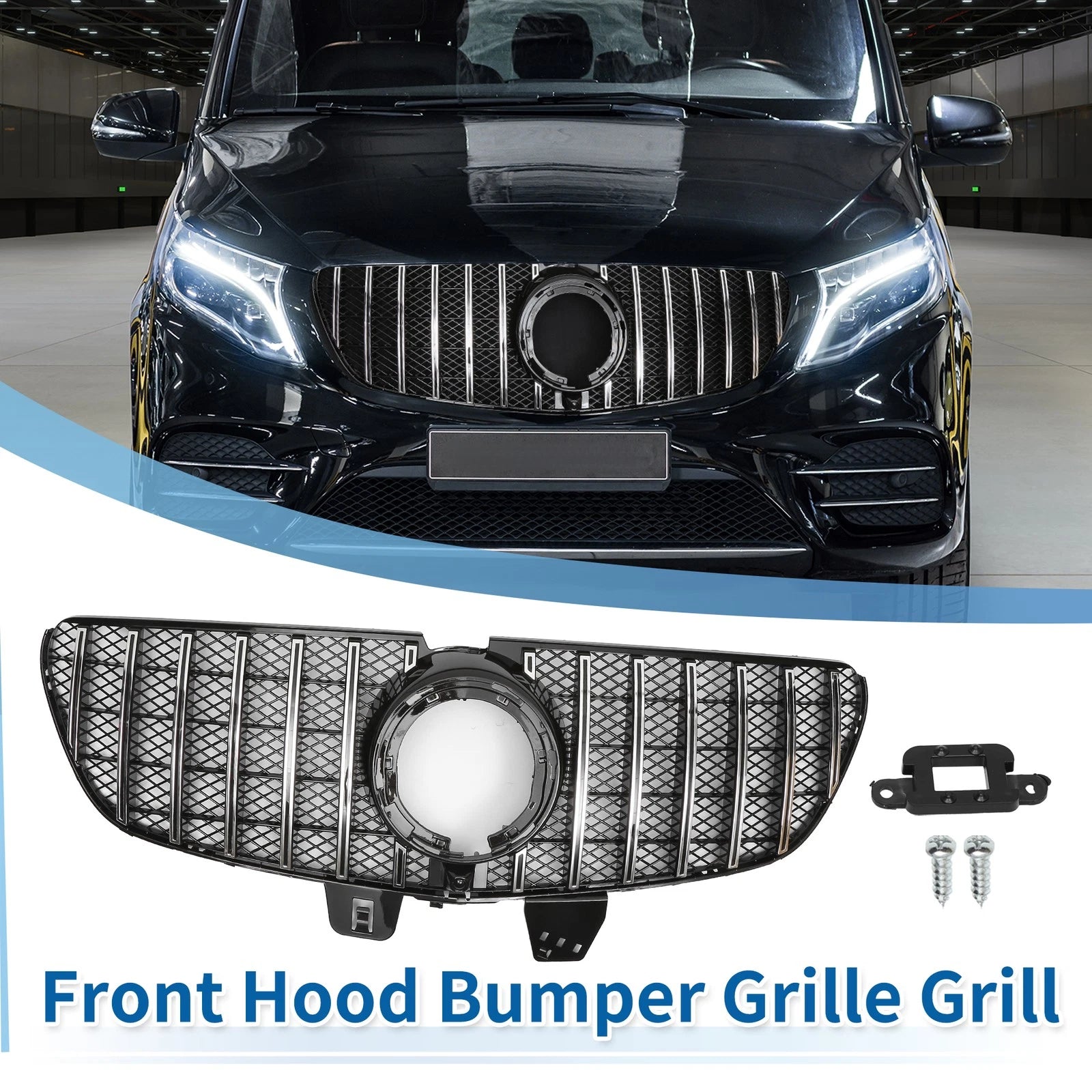 Front Upper Bumper Grille for Mercedes-Benz V-Class (2020) Chrome Silver Tone