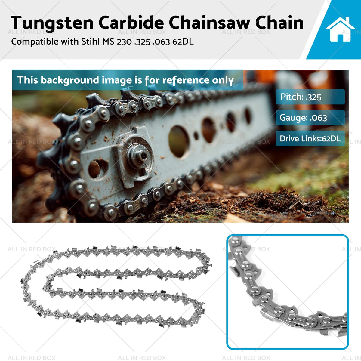 16" Tungsten Carbide Chain for Stihl MS 230 (.325 Pitch, .063 Gauge, 62DL)