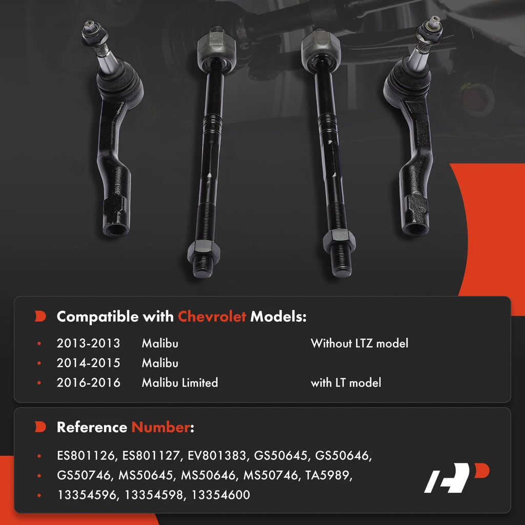 Set of 4 Front Inner & Outer Tie Rod Ends for Chevrolet Malibu (2013–2015)