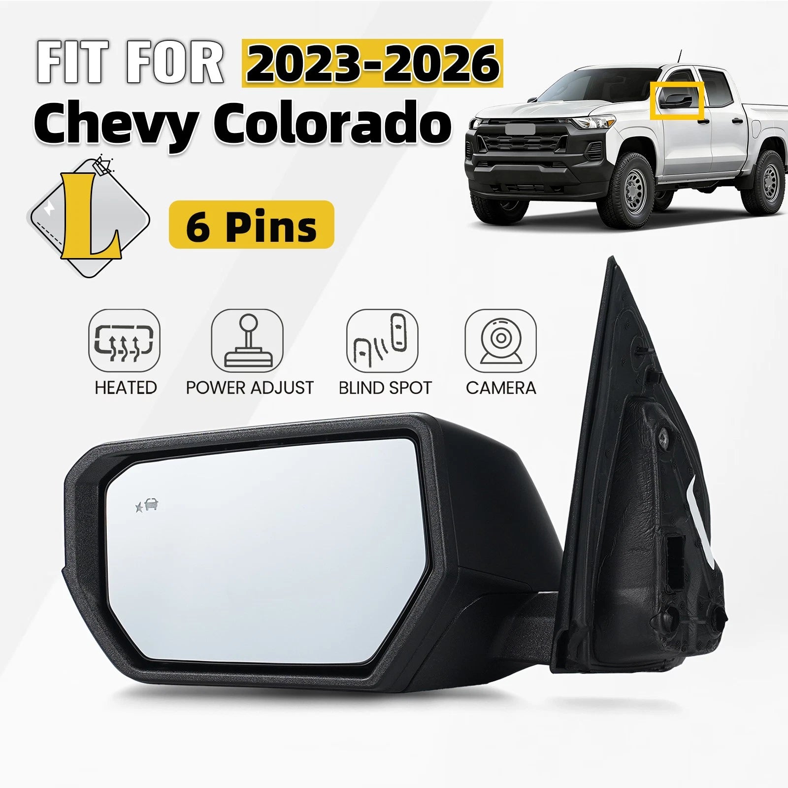 Left Side Mirror for Chevrolet Colorado (2023–2026) w/BSD, Heated, Camera, 6 Pins