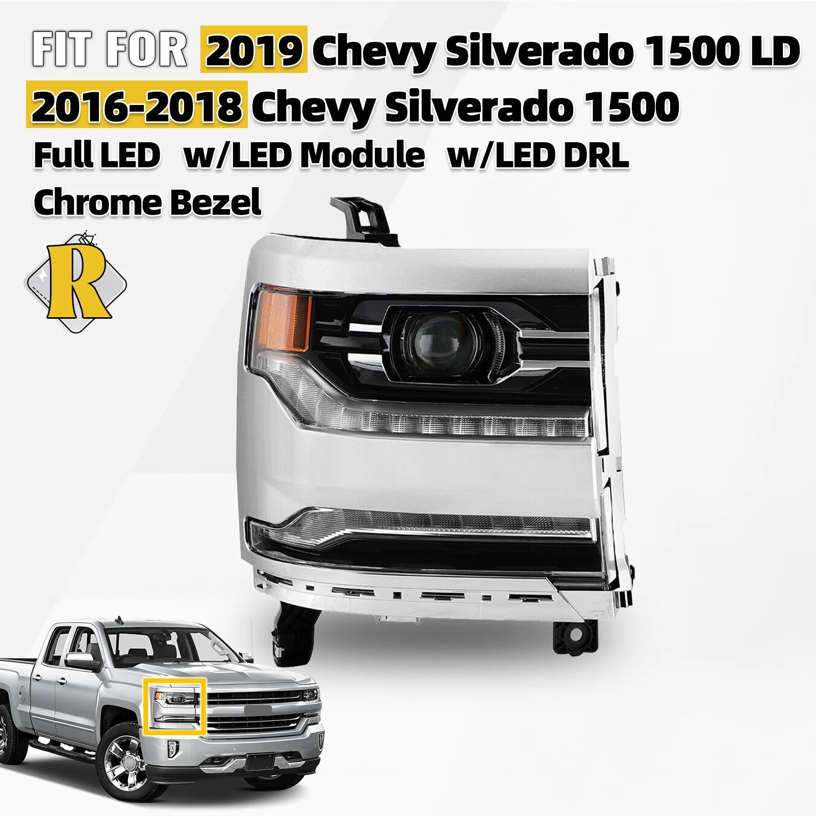 LED Headlight for Chevy Silverado 1500 (2016–2018) w/ LED Module, Chrome Bezel