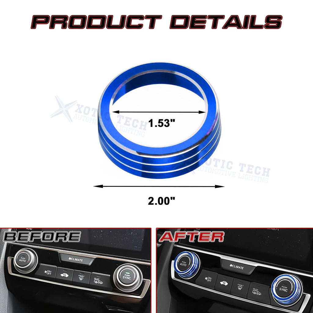 2PCS Blue AC Climate Control Knob Ring Cover for Honda Civic 2016-2021