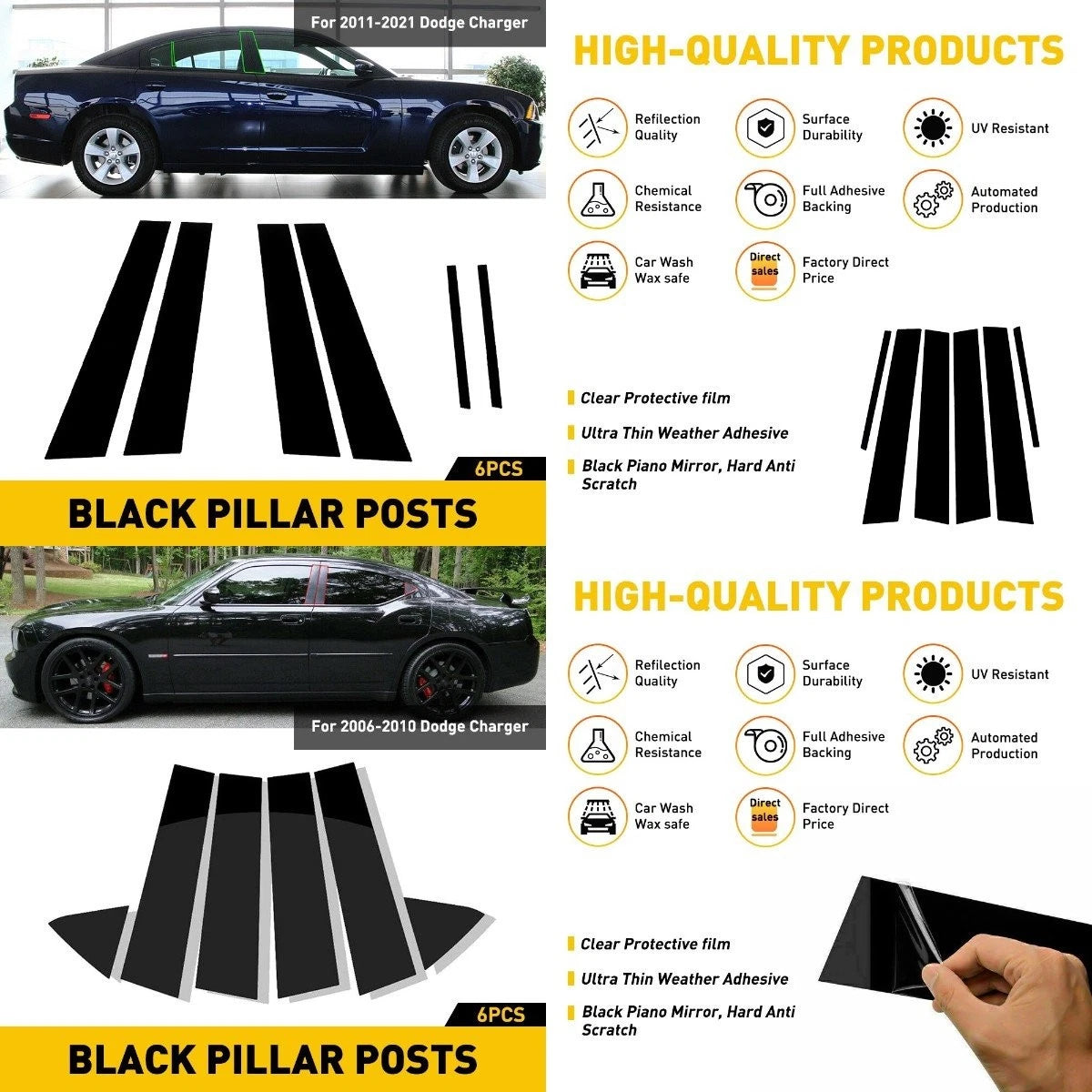 Black Door Posts Pillar Window Trim Kit for Dodge Charger (2006–2021)