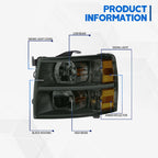 Headlight Pair Black Smoke Amber for Chevy Silverado 2500HD 3500 (2007–2014)