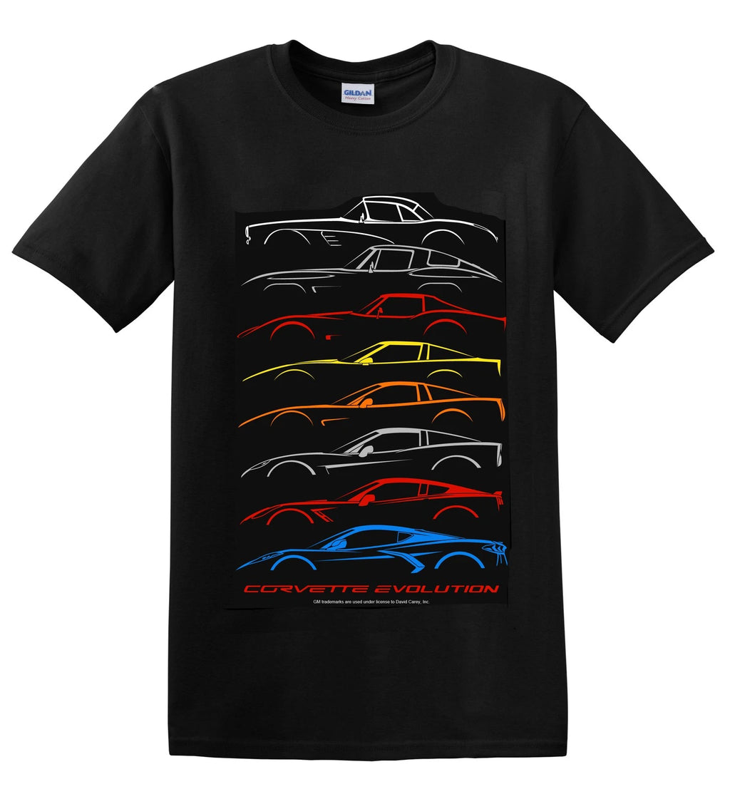 Black Chevy Corvette C1 to C8 Evolution T Shirt (Licensed) for Chevrolet Corvette (1953–2025)