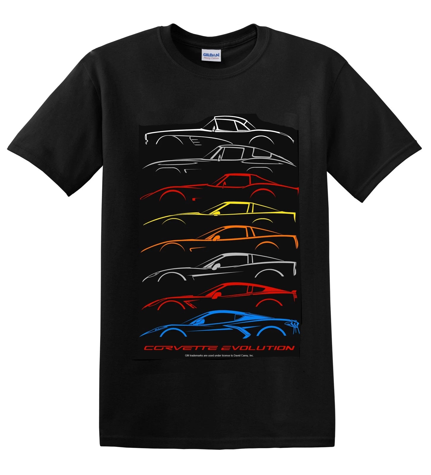 Black Chevy Corvette C1 to C8 Evolution T Shirt (Licensed) for Chevrolet Corvette (1953–2025)